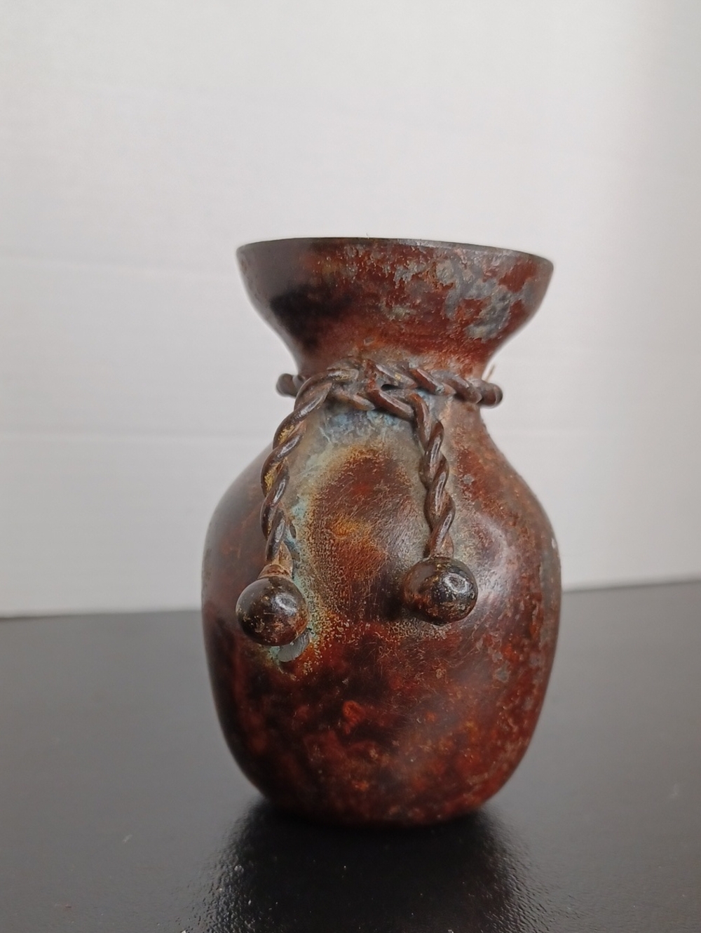 Mini Size Rustic Brown Ceramic Decorative Vase with Twisted Cord Accent Vintage
